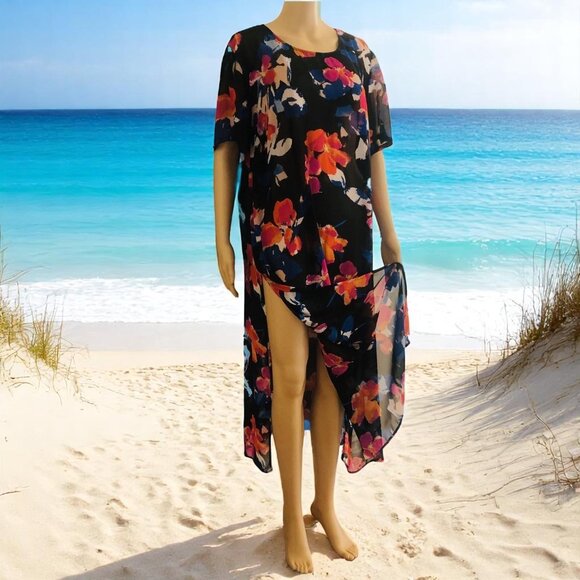 VINCE CAMUTO Short Sleeve Floral Swim Cover-up Long Kaftan Dress Sx 2X - Picture 1 of 6